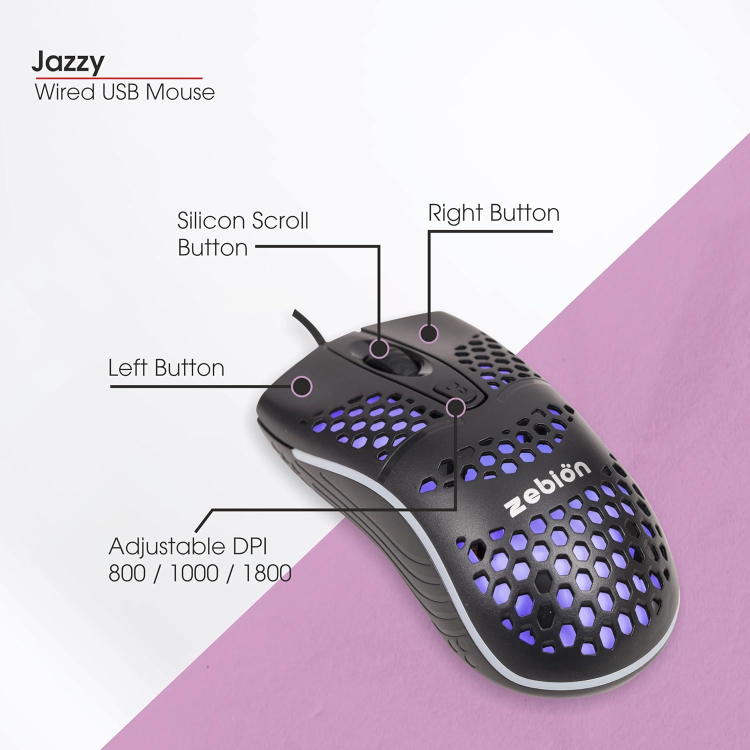 Zebion Jazzy RGB Wired Gaming Mouse Adjustable DPI Honeycomb Design 5 Zebion Jazzy Wired Gaming RGB 3