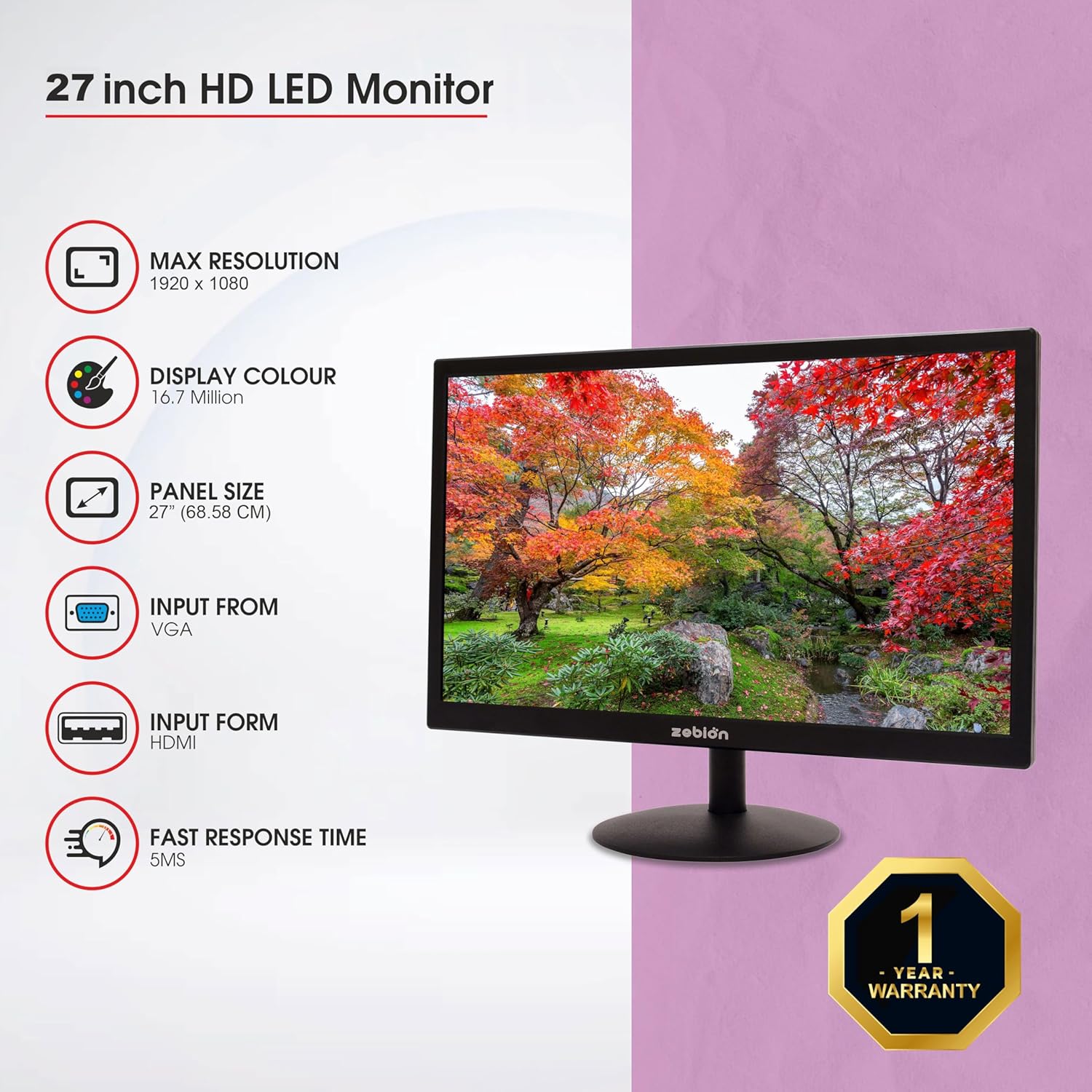 Zebion 27HD1 27 Inch Full HD LED Monitor HDMI VGA Slim Design 5 Zebion Monitor 27 Inch HD LED Monitor 1