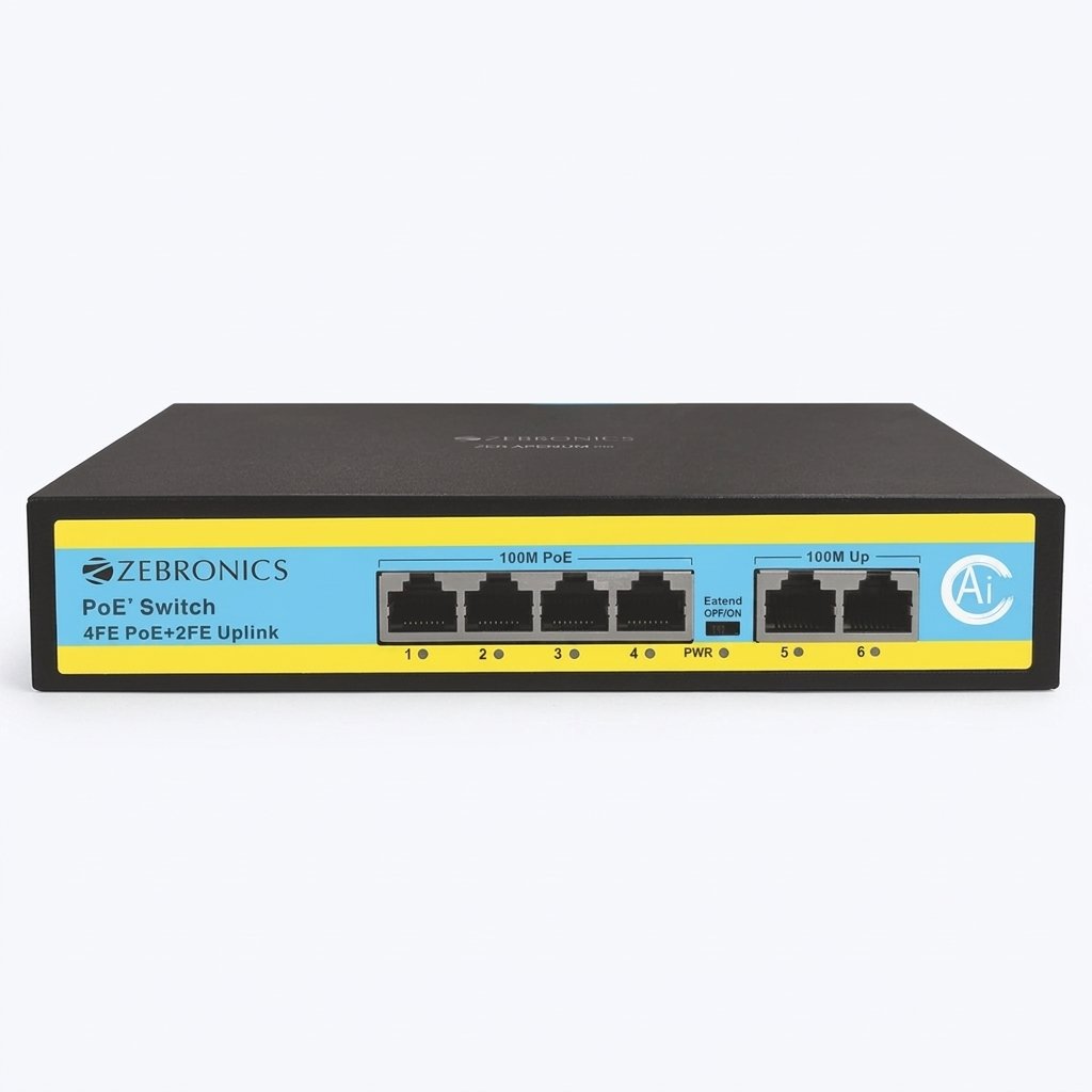 ZEBRONICS 4 Port PoE Switch with 2 Gigabit Uplink Ports & 65W Power Budget Zeb 4PM2UM 65 1 Zebronics 4port poe switch (1)