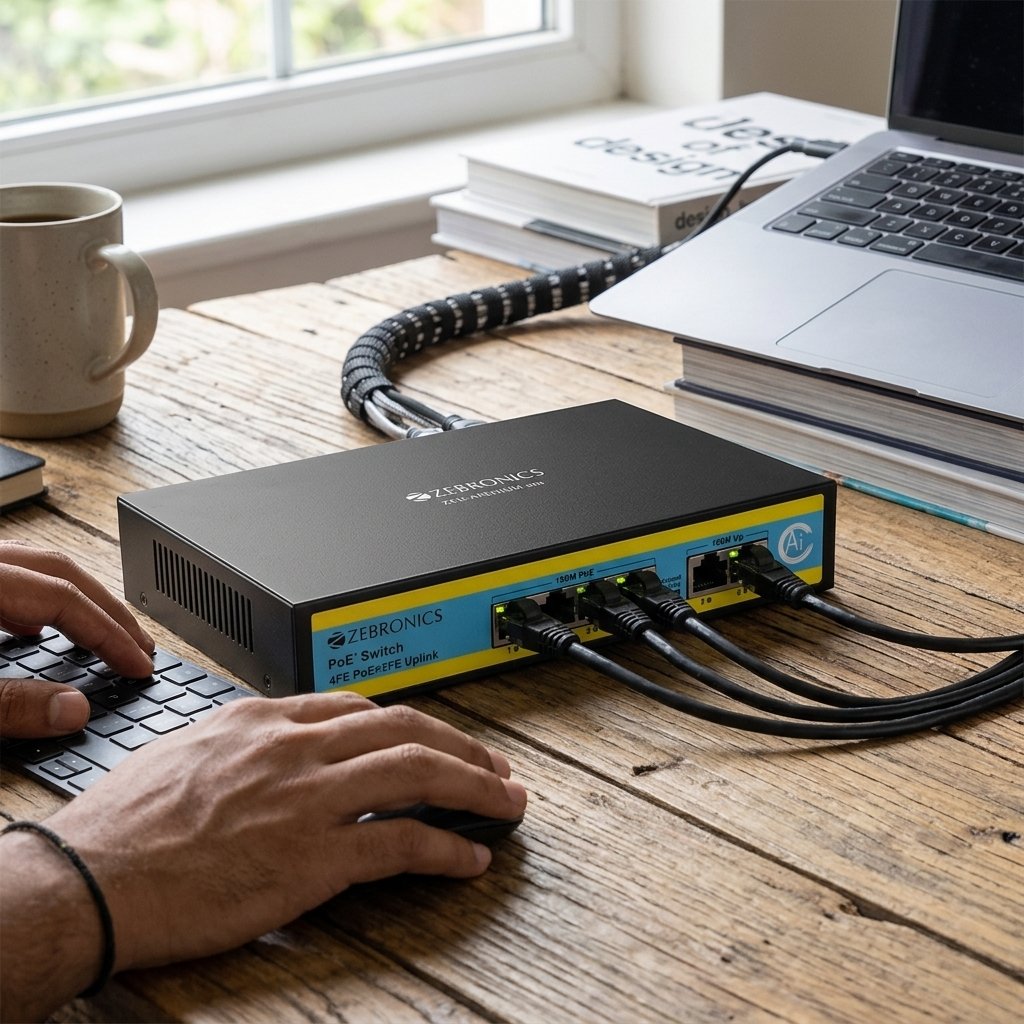 ZEBRONICS 4 Port PoE Switch with 2 Gigabit Uplink Ports & 65W Power Budget Zeb 4PM2UM 65 4 Zebronics 4port poe switch (4)